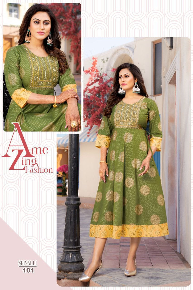 Akhand Jyot Srivalli Rayon With Fancy Gold Print Designer Long Gown Style Party Wear Kurtis