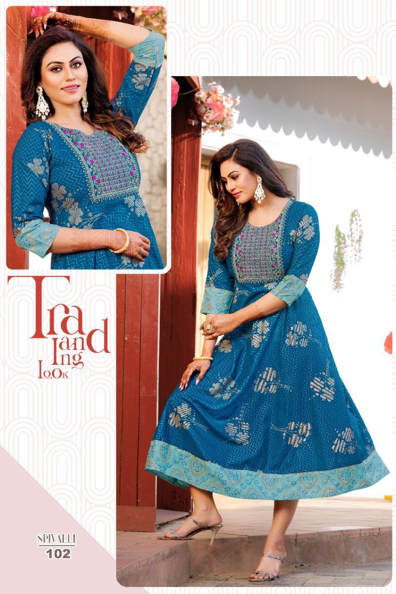 Akhand Jyot Srivalli Rayon With Fancy Gold Print Designer Long Gown Style Party Wear Kurtis