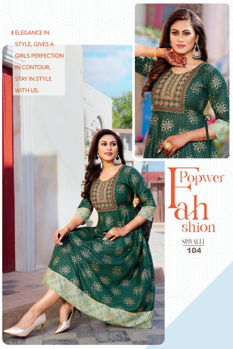 Akhand Jyot Srivalli Rayon With Fancy Gold Print Designer Long Gown Style Party Wear Kurtis