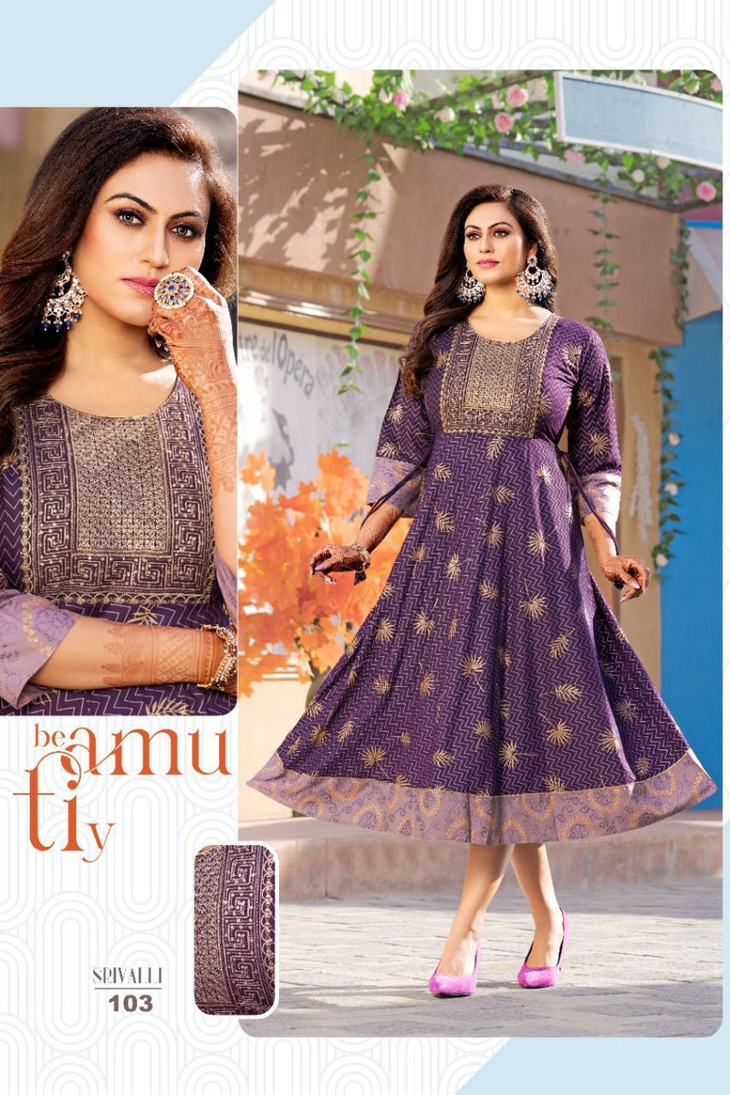 Akhand Jyot Srivalli Rayon With Fancy Gold Print Designer Long Gown Style Party Wear Kurtis