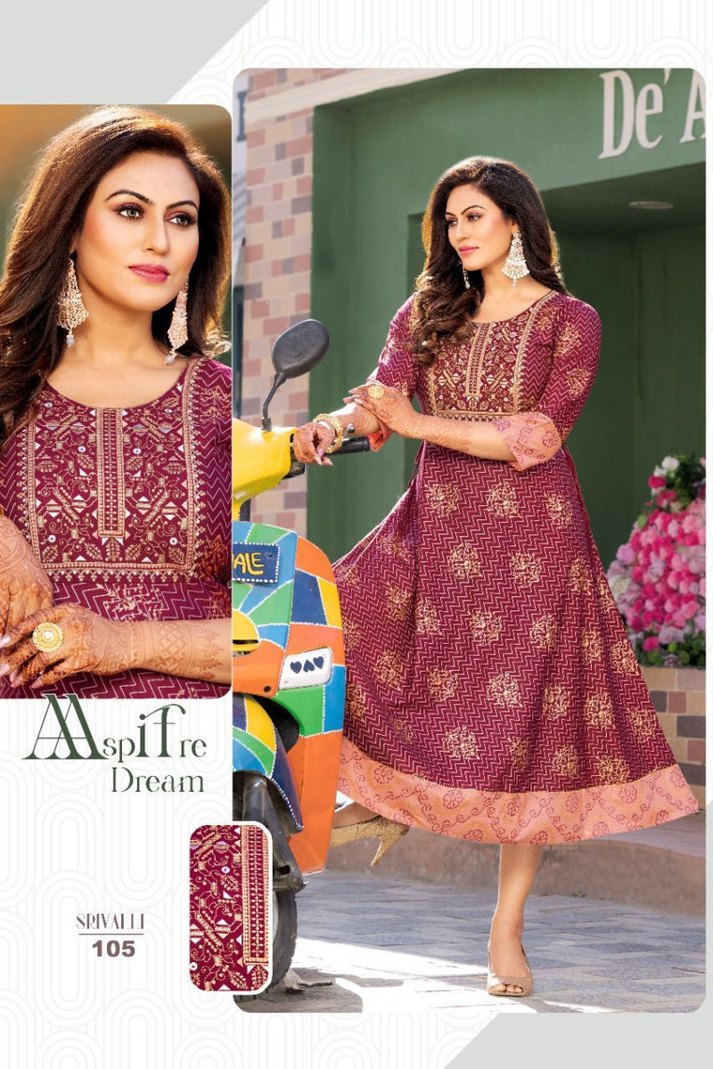 Akhand Jyot Srivalli Rayon With Fancy Gold Print Designer Long Gown Style Party Wear Kurtis