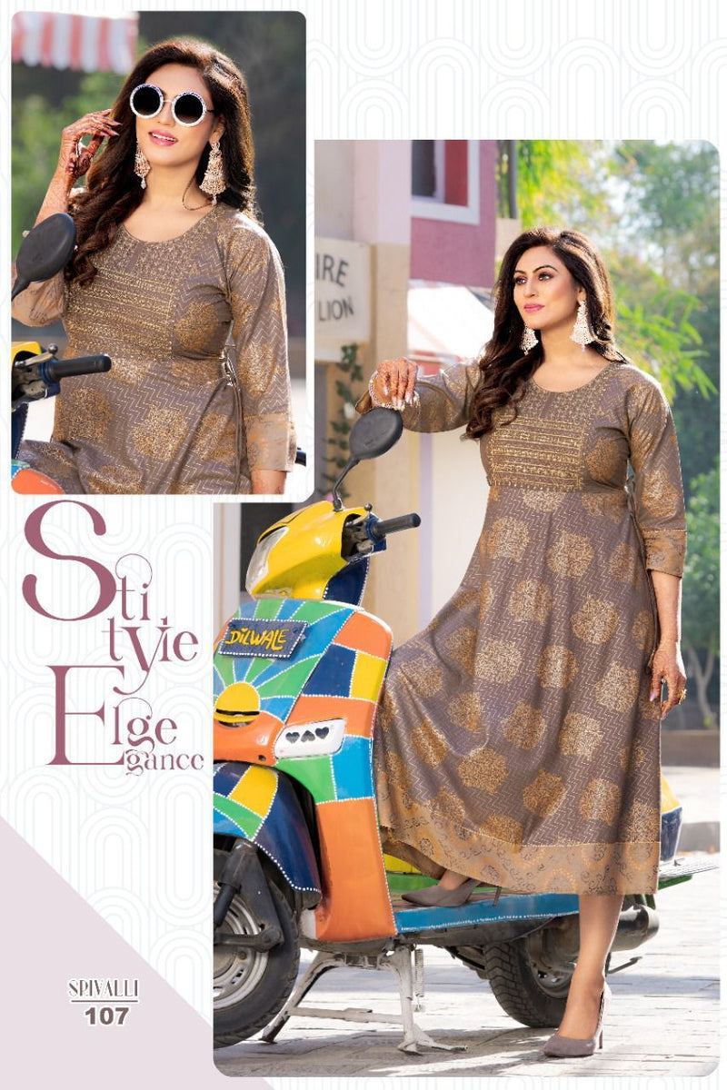 Akhand Jyot Srivalli Rayon With Fancy Gold Print Designer Long Gown Style Party Wear Kurtis