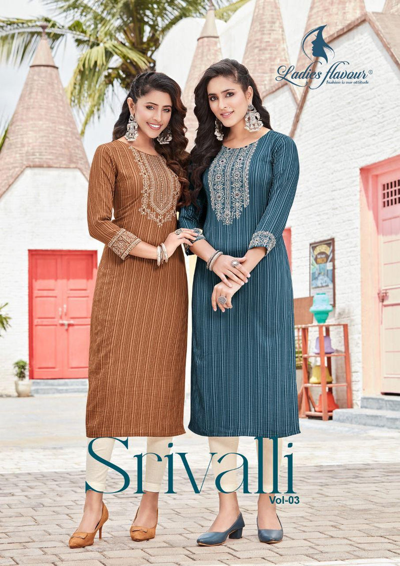 Ladies Flavour Srivalli Vol 3 Fancy Rayon Viscose Embroidery Orignal Mirror Work Daily Wear Designer Kurti