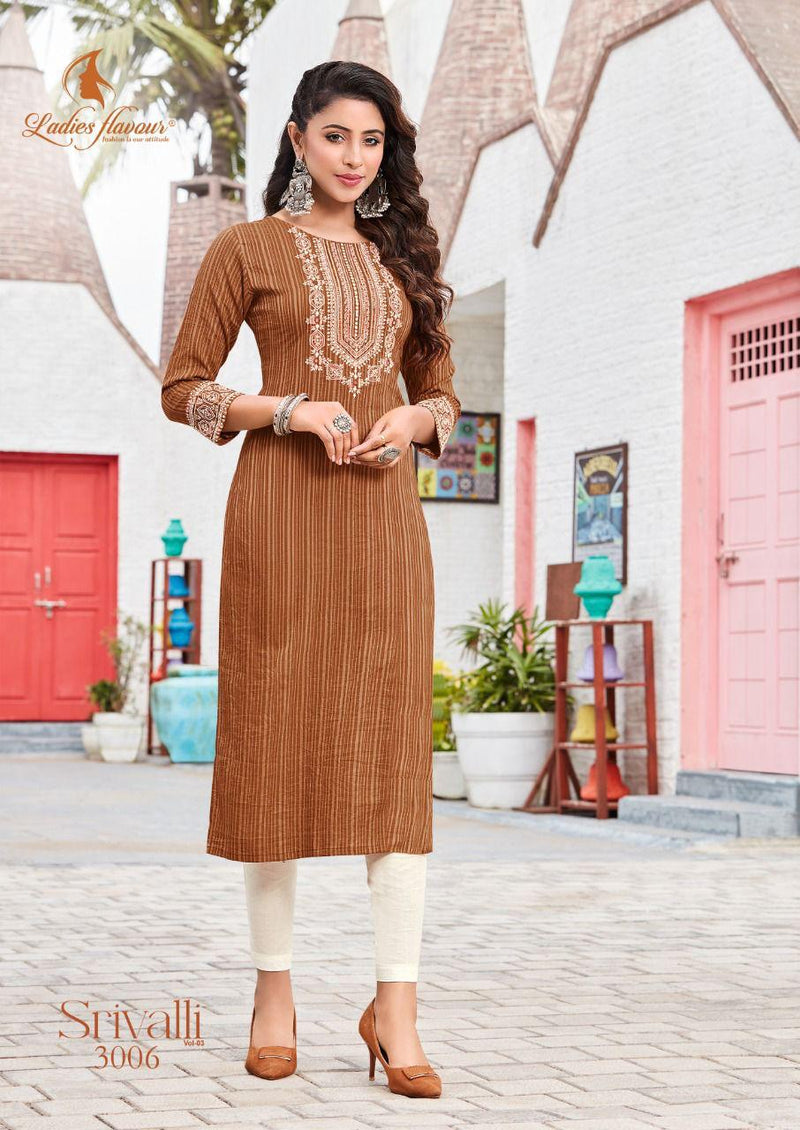 Ladies Flavour Srivalli Vol 3 Fancy Rayon Viscose Embroidery Orignal Mirror Work Daily Wear Designer Kurti