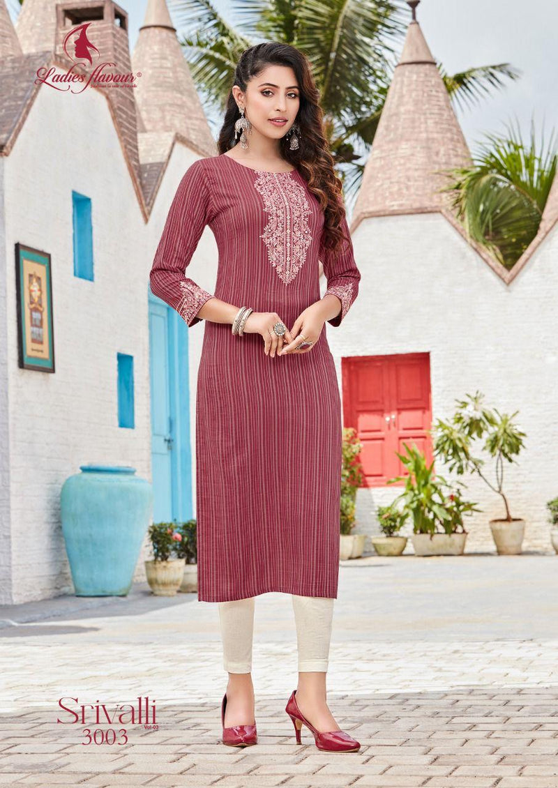 Ladies Flavour Srivalli Vol 3 Fancy Rayon Viscose Embroidery Orignal Mirror Work Daily Wear Designer Kurti