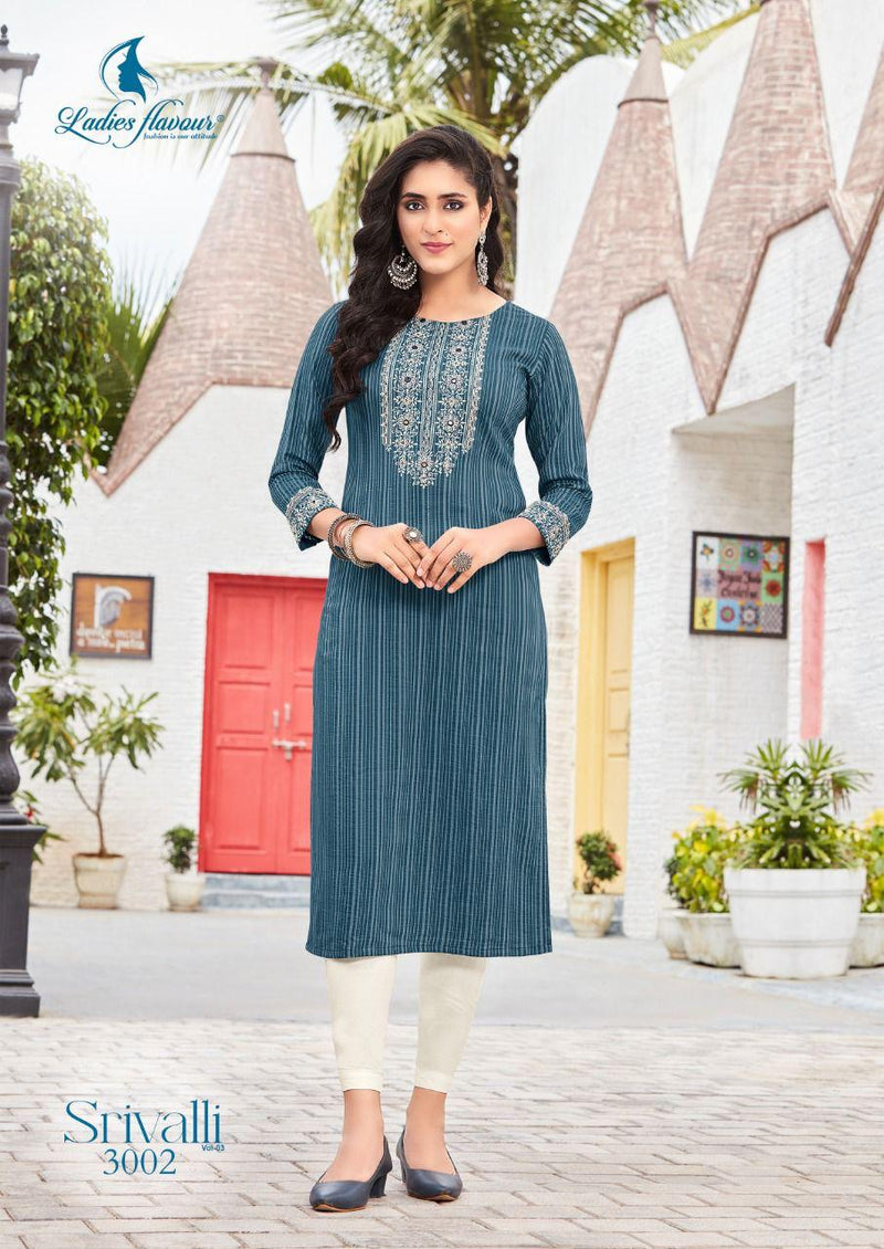 Ladies Flavour Srivalli Vol 3 Fancy Rayon Viscose Embroidery Orignal Mirror Work Daily Wear Designer Kurti