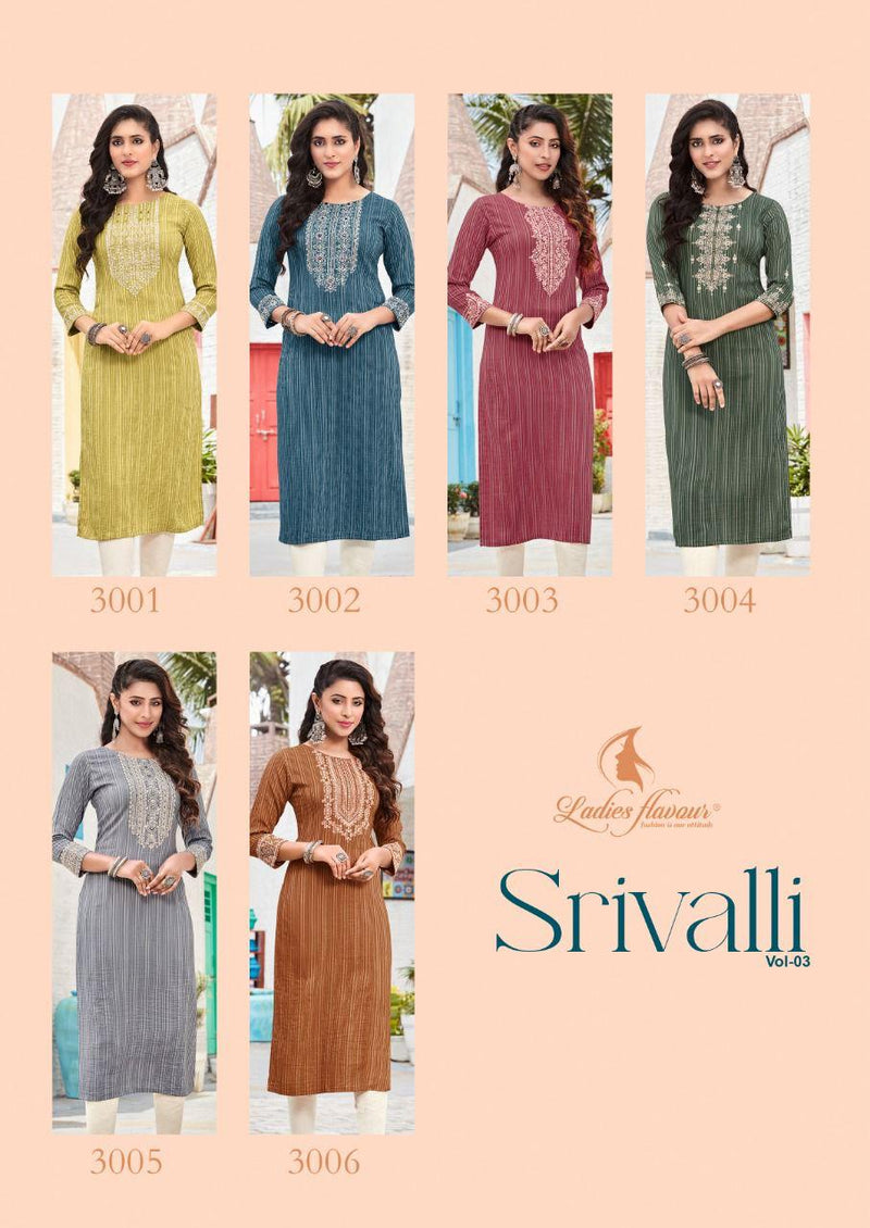 Ladies Flavour Srivalli Vol 3 Fancy Rayon Viscose Embroidery Orignal Mirror Work Daily Wear Designer Kurti