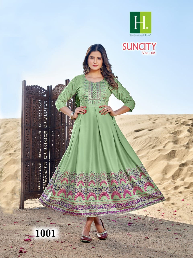 Hirwa Suncity Vol 2 Rayon Foil Printed Fancy Designer Partywear Kurti