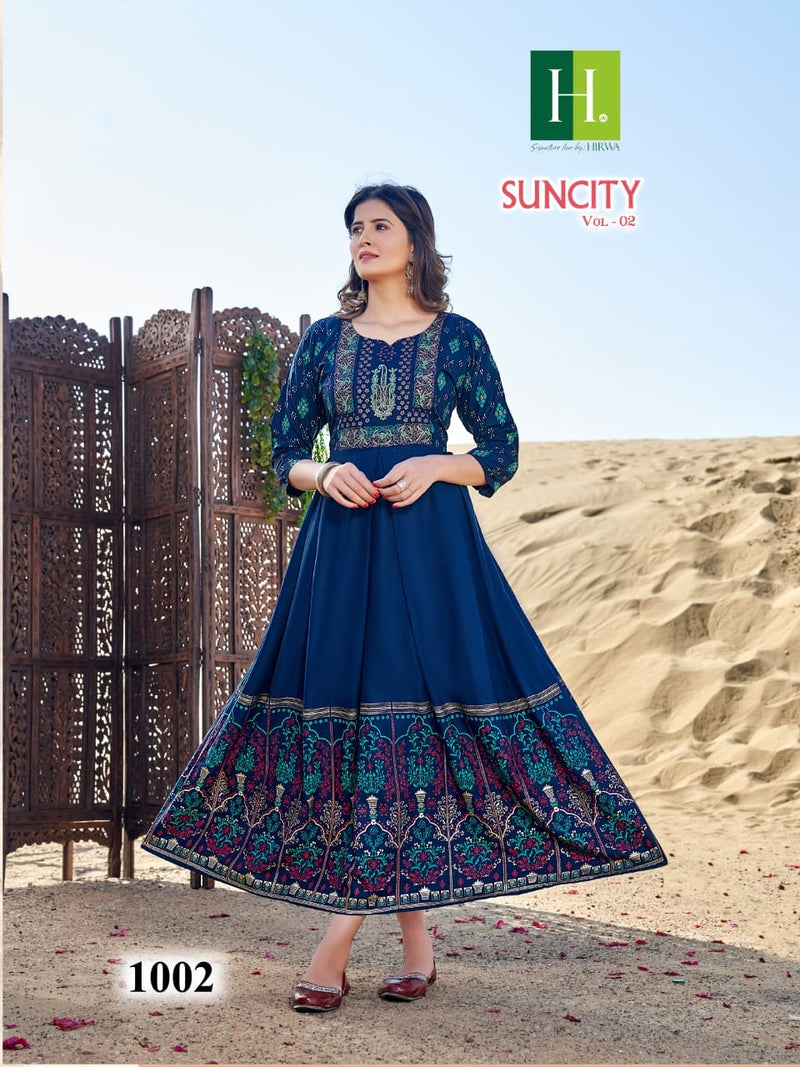 Hirwa Suncity Vol 2 Rayon Foil Printed Fancy Designer Partywear Kurti