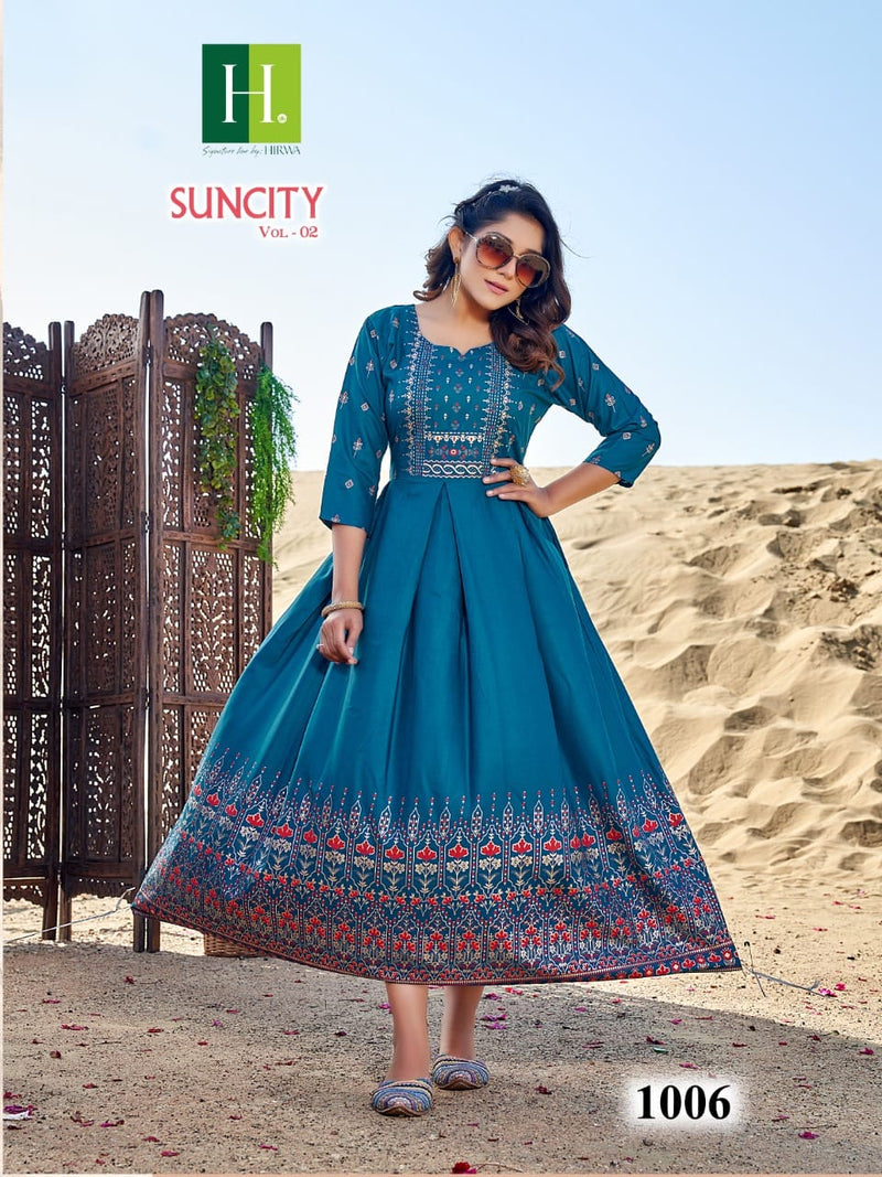 Hirwa Suncity Vol 2 Rayon Foil Printed Fancy Designer Partywear Kurti