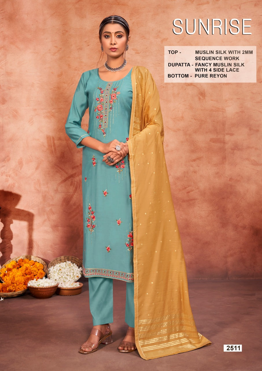 Rang Sunrise Muslin Silk With Heavy Beautiful Embroidery Work Stylish Designer Casual Look Fancy Salwar Kameez