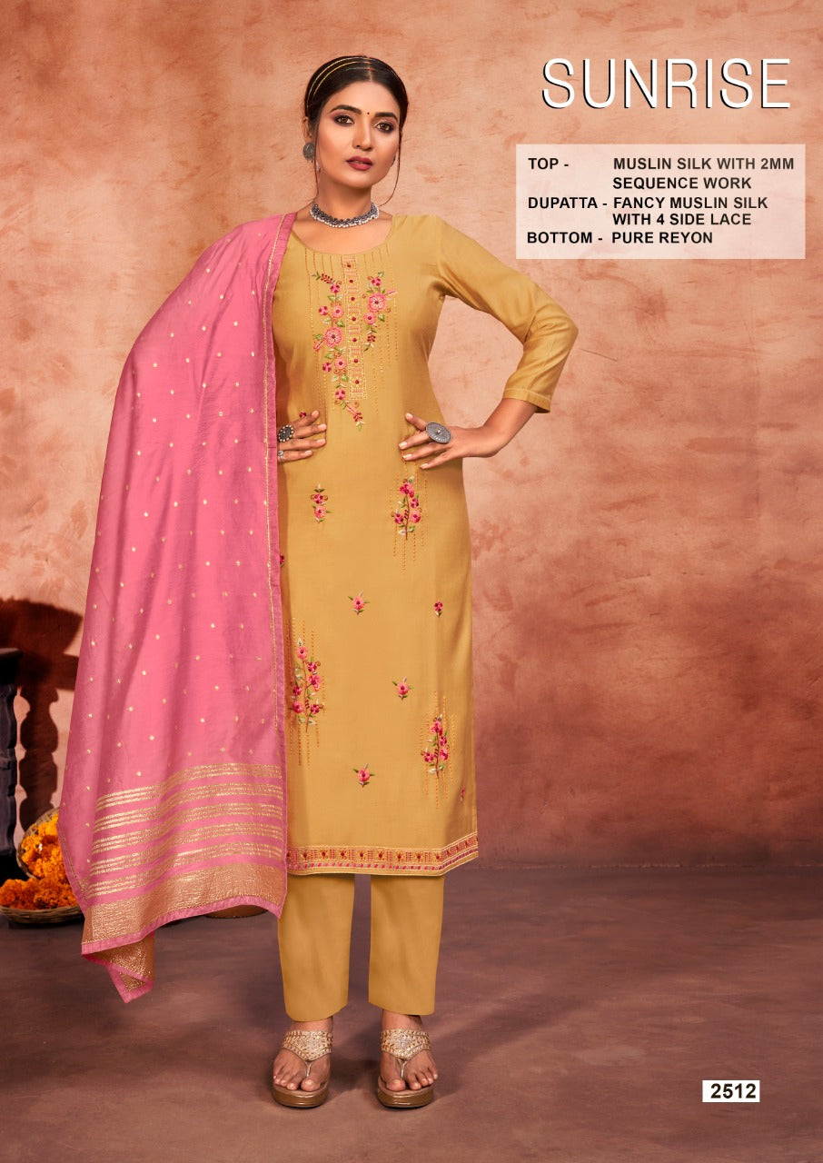 Rang Sunrise Muslin Silk With Heavy Beautiful Embroidery Work Stylish Designer Casual Look Fancy Salwar Kameez