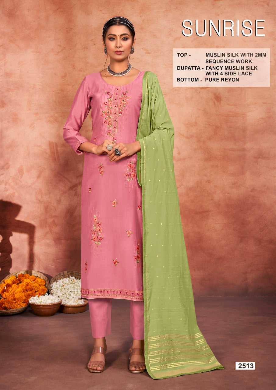 Rang Sunrise Muslin Silk With Heavy Beautiful Embroidery Work Stylish Designer Casual Look Fancy Salwar Kameez