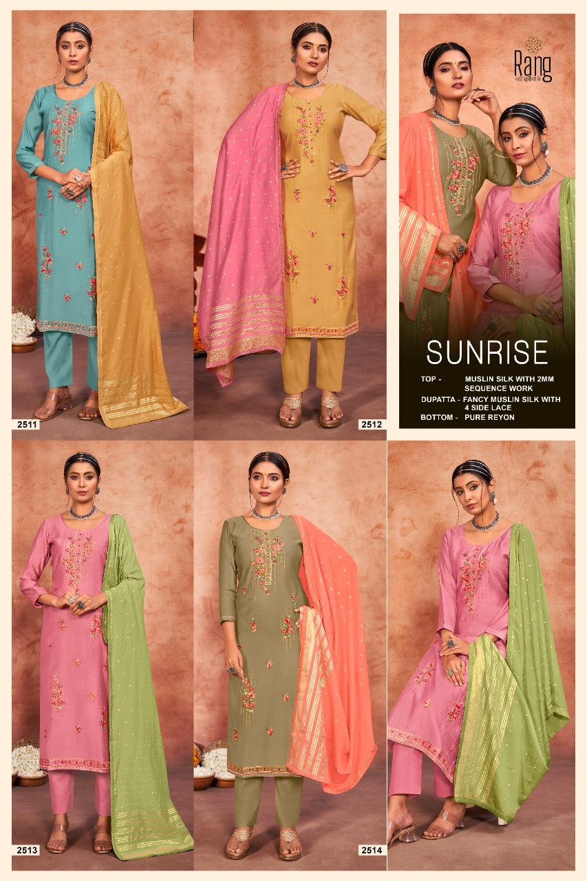 Rang Sunrise Muslin Silk With Heavy Beautiful Embroidery Work Stylish Designer Casual Look Fancy Salwar Kameez