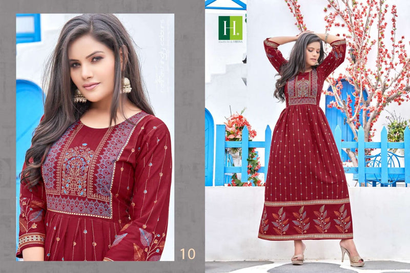 Hirwa Supriya Vol 1 Rayon Fancy  Designer Gown Style Long Party Wear Kurtis