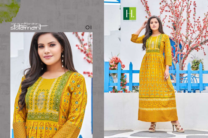 Hirwa Supriya Vol 1 Rayon Fancy  Designer Gown Style Long Party Wear Kurtis