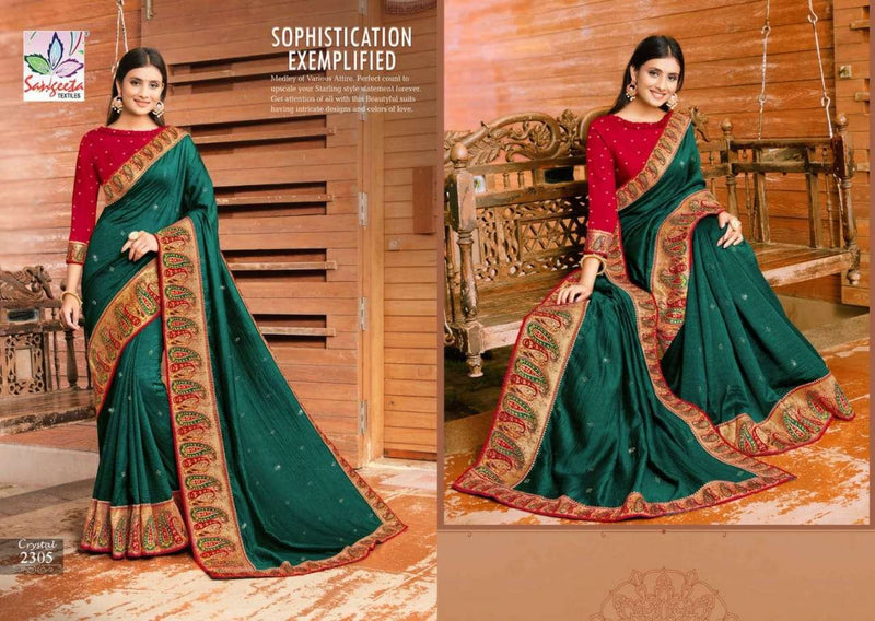 Sangeeta Textiles Crystal Lichi Silk With Heavy Embroidery Work Exclusive Wedding Wear Sarees