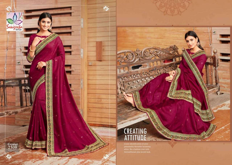 Sangeeta Textiles Crystal Lichi Silk With Heavy Embroidery Work Exclusive Wedding Wear Sarees