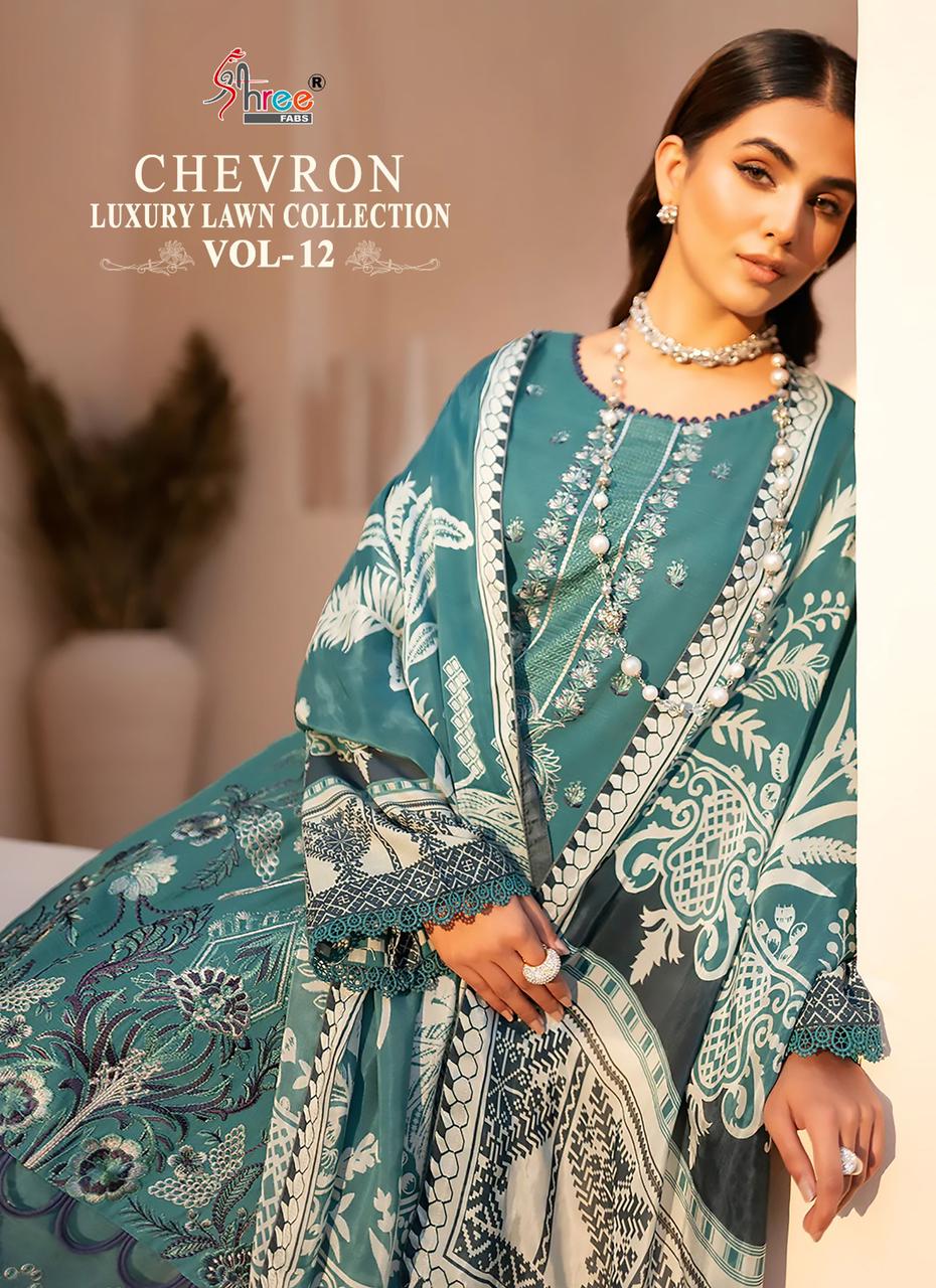 Shree Fabs Chevron Luxury Lawn Collection Vol 12 Pure Lawn Cotton Self Embroidered Pakistani Suit