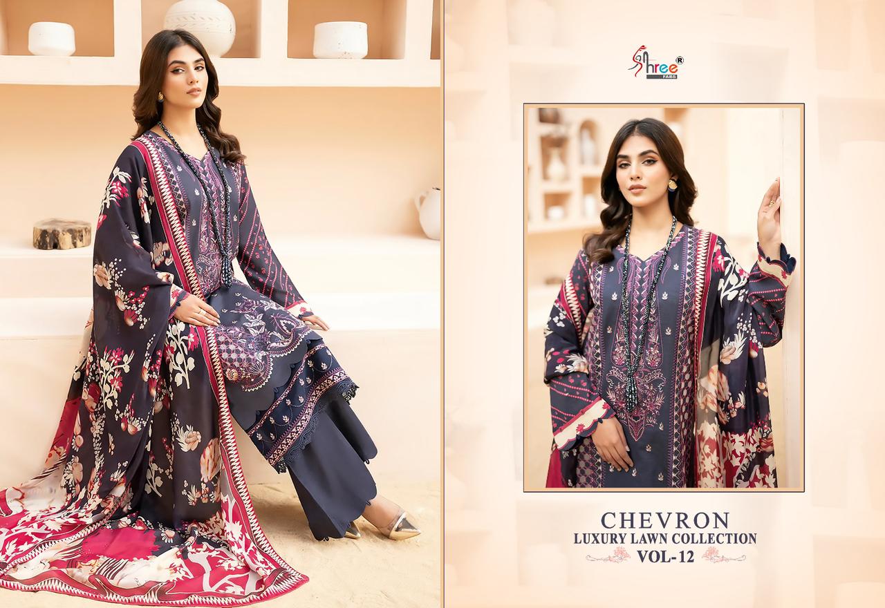 Shree Fabs Chevron Luxury Lawn Collection Vol 12 Pure Lawn Cotton Self Embroidered Pakistani Suit