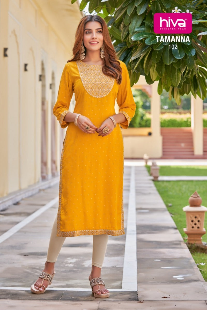 Hiva Designer Tamanna Launched Rayon Printed Stylish Party Wear Kurtis