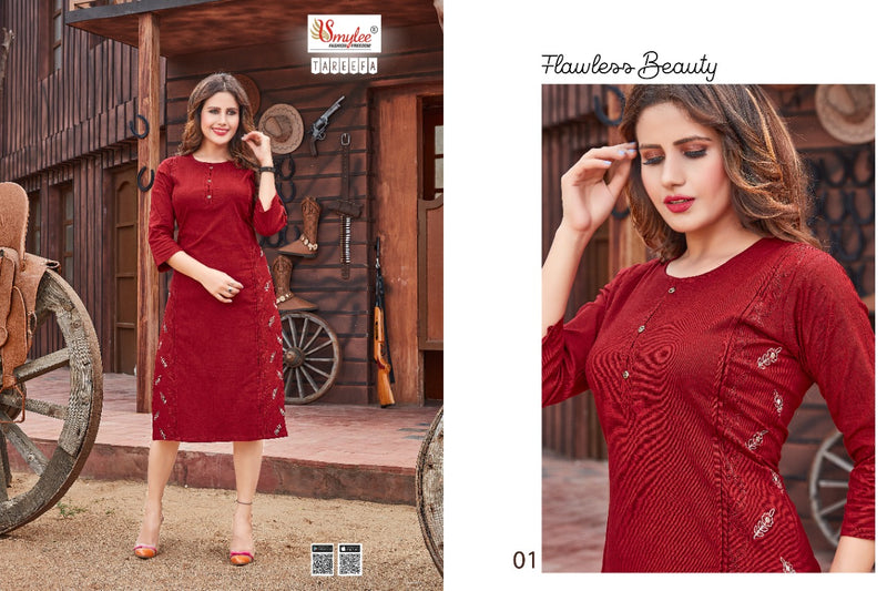 Smylee Fashion Tareefa Slub Fancy Stylish Casual Wear Stretchable Kurtis