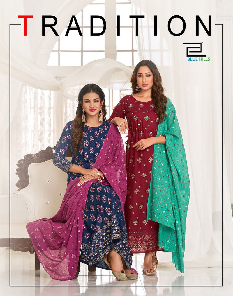 Blue Hills Traditional Vol 1 Rayon Fancy Designer Party Wear Kurtis With Dupatta