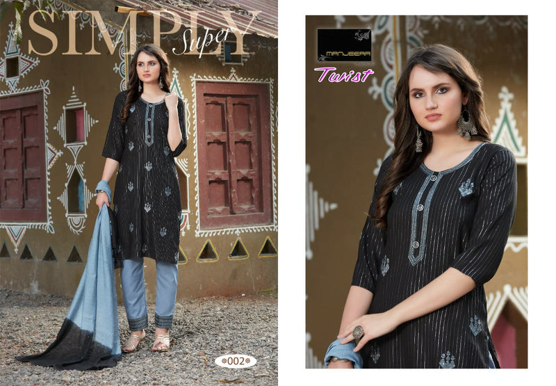 Manjeera Fashion Twist Rayon Golden Linning Print Fancy Festive Wear Kurtis With Bottom & Dupatta