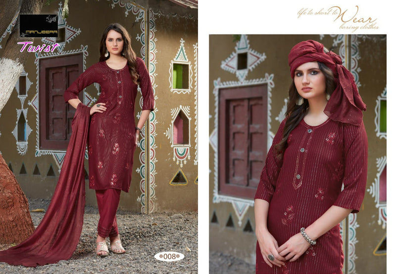 Manjeera Fashion Twist Rayon Golden Linning Print Fancy Festive Wear Kurtis With Bottom & Dupatta