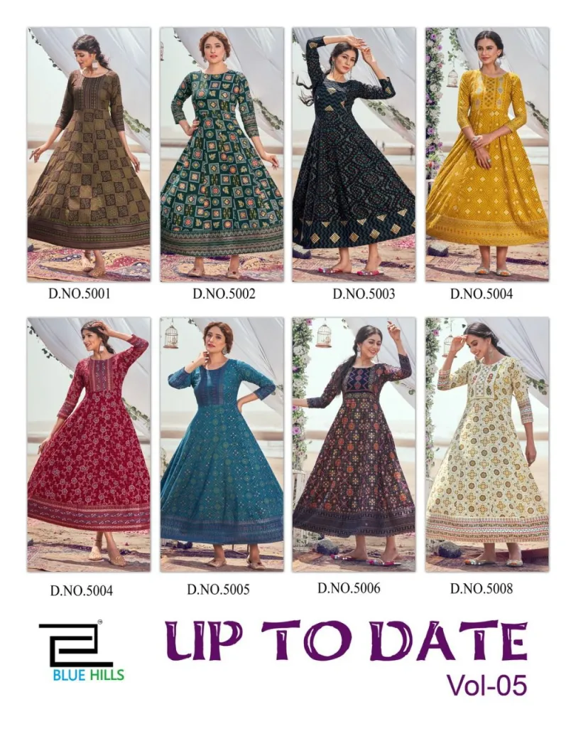 Blue Hills Up To Date Vol 5 Rayon  Party Wear Long Gown Style Kurtis With Foil Print