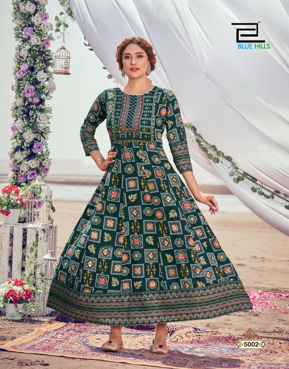 Blue Hills Up To Date Vol 5 Rayon  Party Wear Long Gown Style Kurtis With Foil Print