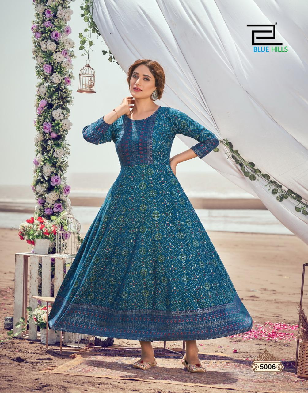 Blue Hills Up To Date Vol 5 Rayon  Party Wear Long Gown Style Kurtis With Foil Print