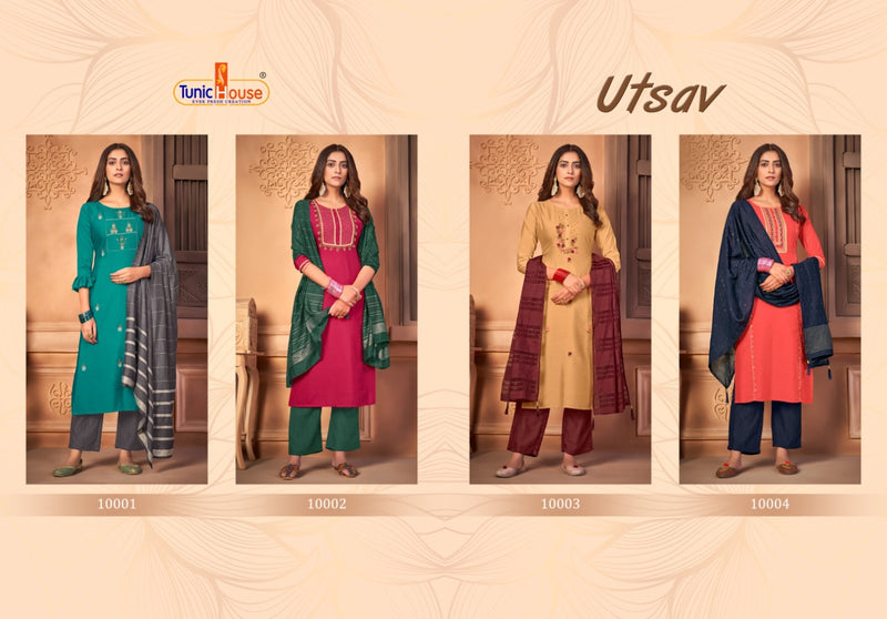 Tunic House Utsav Fancy Silk Stylish Party Wear Kurtis With Set Of Dupatta & Bottom