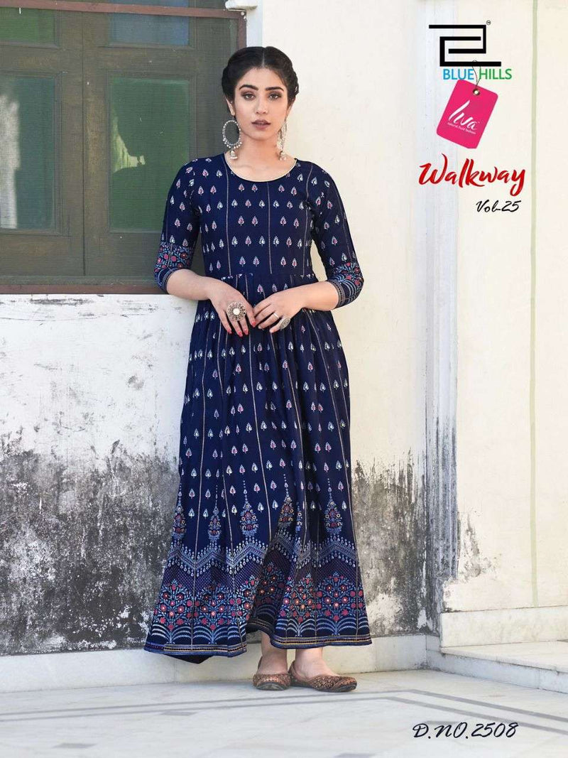 Blue Hills Walkway Vol 25  Rayon Long Fancy Party Wear Gown Style Kurtis With Foil Print