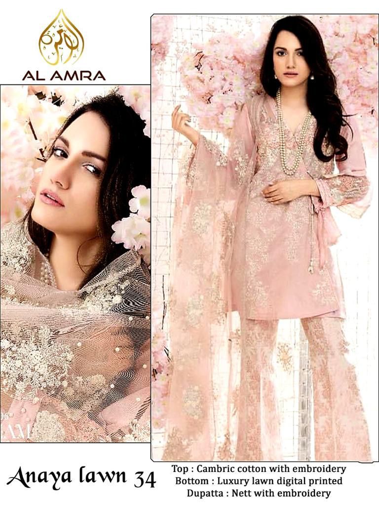 Al Amra Zf Anaya Lawn 34 Cambric Cotton With Embroidery Stylish Designer Party Wear Salwar Kameez