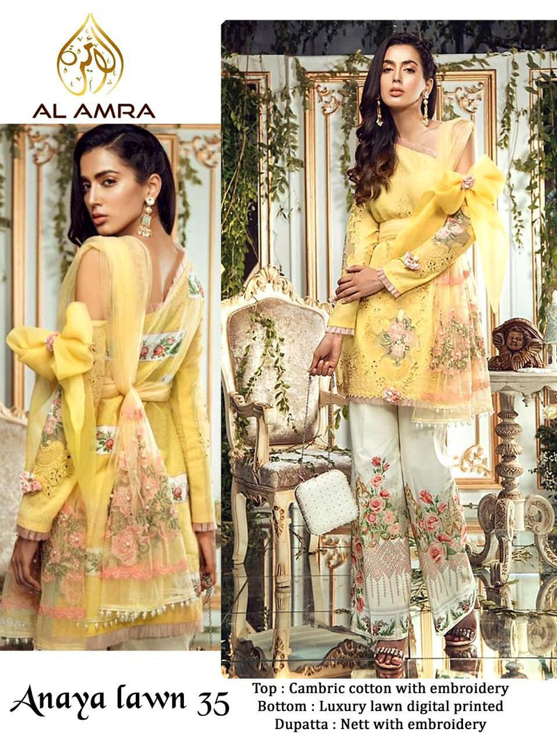 Al Amra Zf Anaya Lawn 35 Cambric Cotton With Embroidery Stylish Designer Party Wear Salwar Kameez