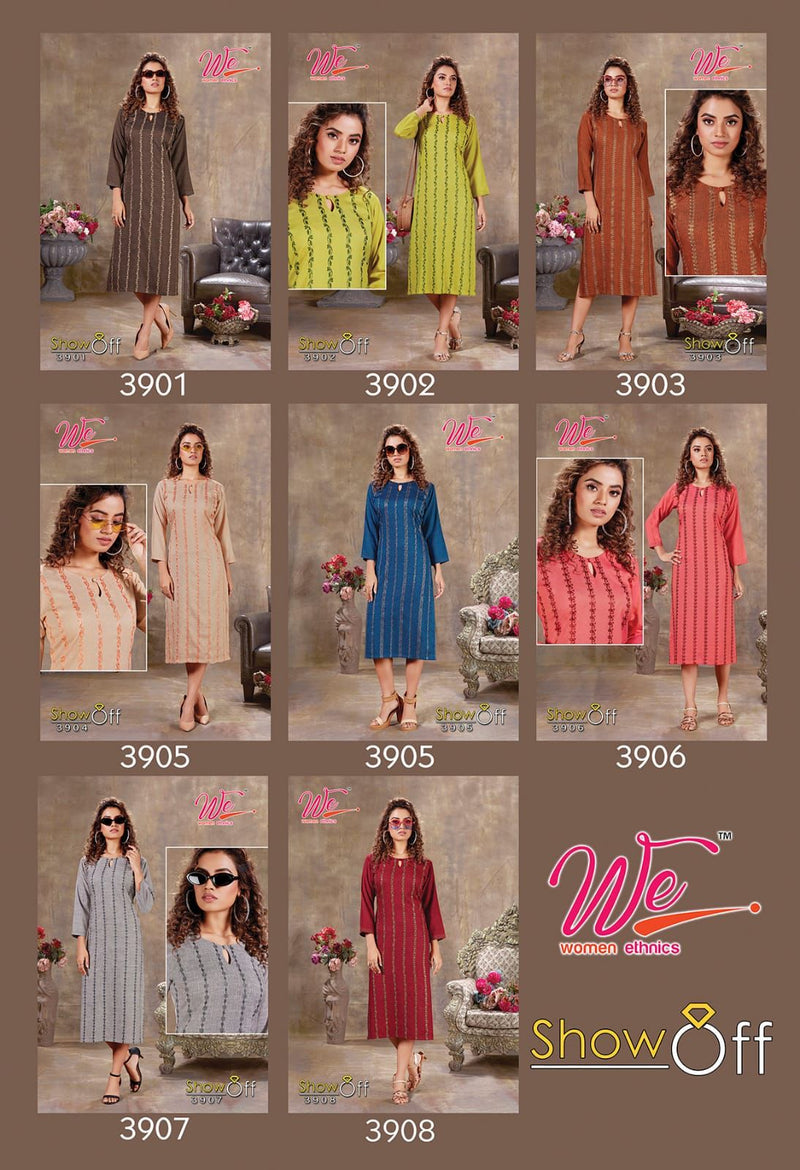 Showoff Dno 3901 To 3908 Heavy Rayon With Fancy Work Stylish Designer Fancy Kurti