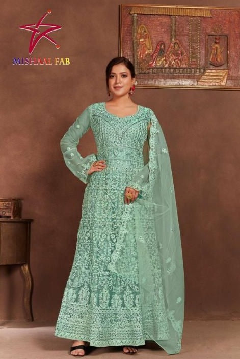 Mishaal Fab Dno 2001 Net With Heavy Embroidery Work Stylish Designer Pakistani Long Go