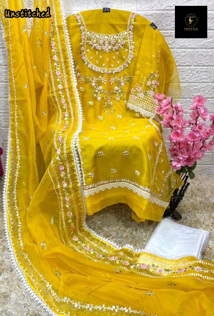 Freesia Designs Haldi Function Special Organza With Heavy Embroidery And GPO Lace Work On Daman And Sleeves Salwar Kameez