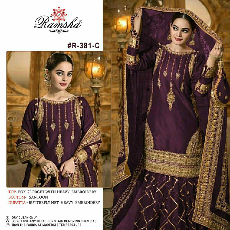 Ramsha Dno R 381 Georgette With Beautiful Heavy Embroidery work Stylish Designer Wedding Salwar Kameez