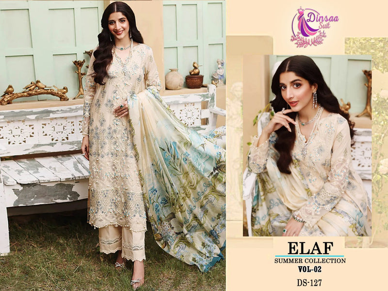 Dinsaa Suit Elaf Summer 127 Pure Cotton With Fancy Work Stylish Designer Pakistani Salwar Kameez