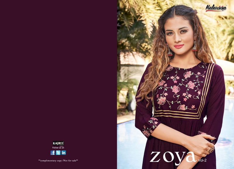 Kalaroop Kajree Zoya Vol 2 Rayon Stylish Designer Embroidery Work Graceful Look  Kurti