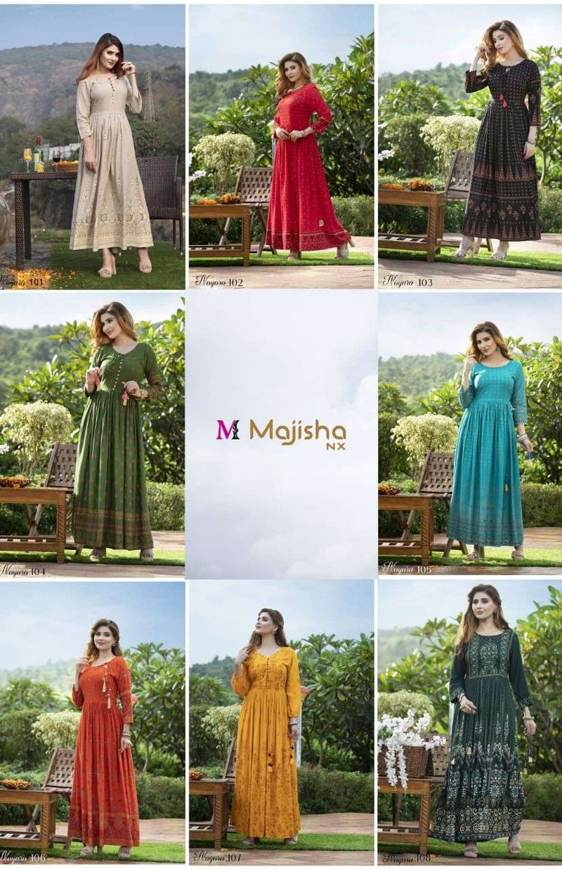 Majisha Naraya Vol 1 Rayon With Foil Print With Hand Work Stylish Designer Wear Kurti