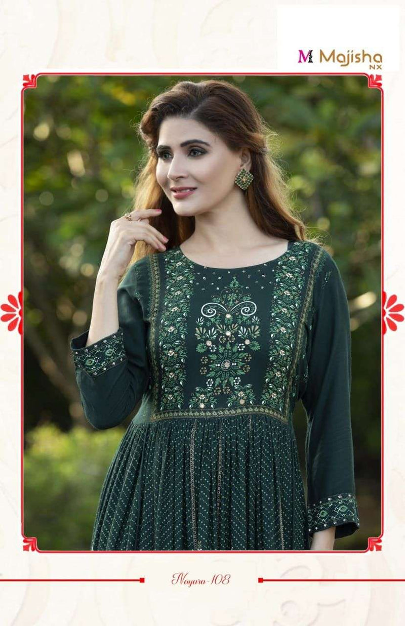 Majisha Naraya Vol 1 Rayon With Foil Print With Hand Work Stylish Designer Wear Kurti