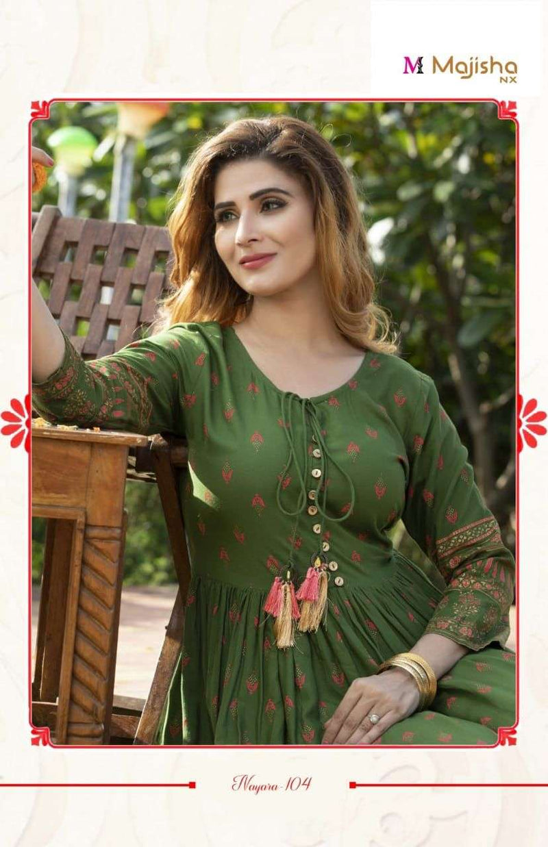 Majisha Naraya Vol 1 Rayon With Foil Print With Hand Work Stylish Designer Wear Kurti