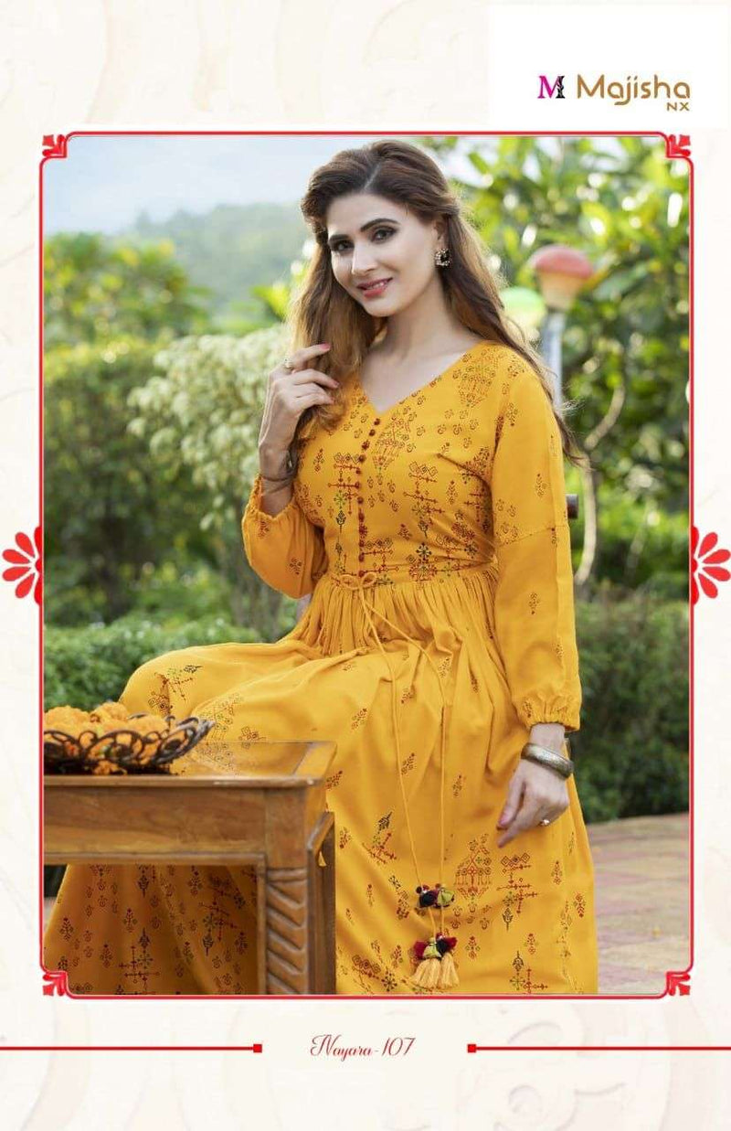 Majisha Naraya Vol 1 Rayon With Foil Print With Hand Work Stylish Designer Wear Kurti