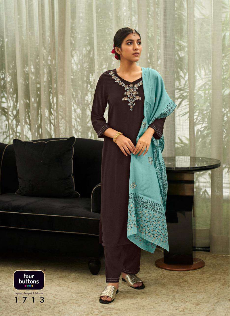 Riwayat By Four Buttons Viscose Silk Designer Party Wear Kurtis With Bottom & Dupatta